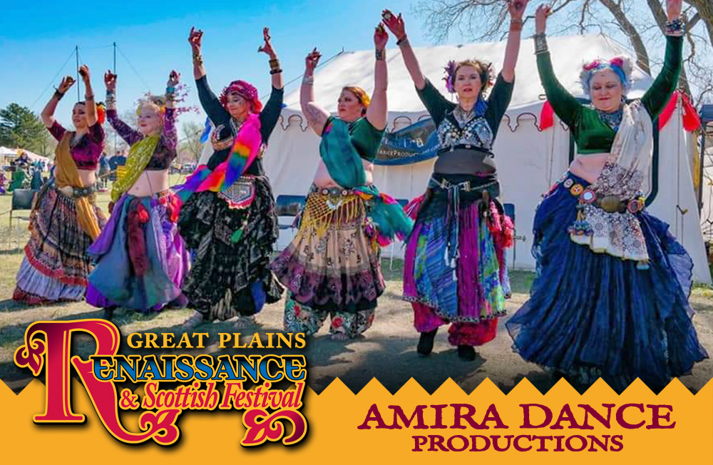 Amira Dance Production Header Image showing 5 decked out bellydancers